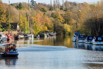 Boats on the River Medway at Allington Locks just outside Maidstone in Kent, England