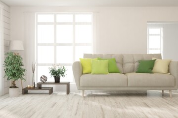 Fototapeta premium White living room with sofa. Scandinavian interior design. 3D illustration