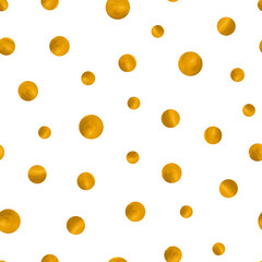 Abstract fashion grunge polka dots background. White seamless pattern with golden textured circles. Template design for invitation, poster, card, flyer, banner, textile, fabric. Halftone card