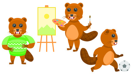 Set Abstract Collection Flat Cartoon 
Different Animal Beaver Artist With Brush Football Player In A Sweater And Upset Vector Design Style Elements Fauna Wildlife