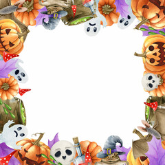 Obraz premium Halloween square funny frame. Watercolor illustration. Hand drawn spooky halloween decor. Scary funny pumpkins decoration. Scull, ghost, toadstool in bright square festive frame. White background