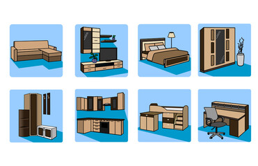 8 icons with furniture on a blue background