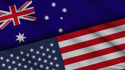 Australia and USA United States of America Flags Together, Wavy Fabric, Breaking News, Political Diplomacy Crisis Concept, 3D Illustration