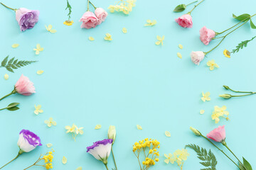 Top view image of pink, yellow and purple flowers composition over pastel blue background .Flat lay