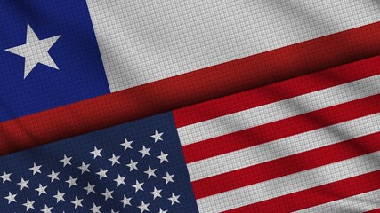 Chile and USA United States of America Flags Together, Wavy Fabric, Breaking News, Political Diplomacy Crisis Concept, 3D Illustration