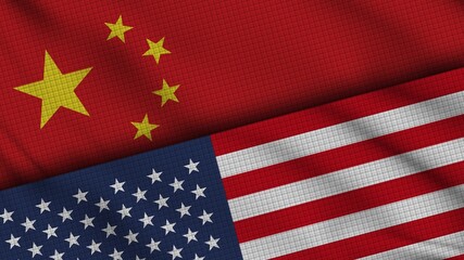 China and USA United States of America Flags Together, Wavy Fabric, Breaking News, Political Diplomacy Crisis Concept, 3D Illustration