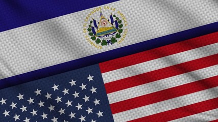 El Salvador and USA United States of America Flags Together, Wavy Fabric, Breaking News, Political Diplomacy Crisis Concept, 3D Illustration