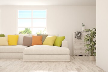 Minimalist living room in white color with sofa and summer landscape in window. Scandinavian interior design. 3D illustration