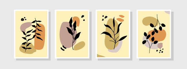 Obraz na płótnie Canvas Set of vector art for a botanical wall. plane, flower, leaves with abstract shapes. Abstract Plant Art design for print, cover, wallpaper, minimal wall art and natural. Vector illustration.