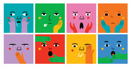 Faces with various Emotions and hand gestures. Different color characters.