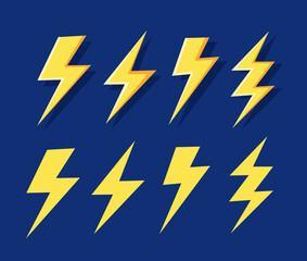 Lightning flat set. Thunderbolts on dark background. Vector