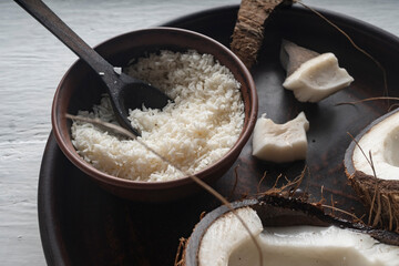 Coconut chopped into pieces, close-up, top view