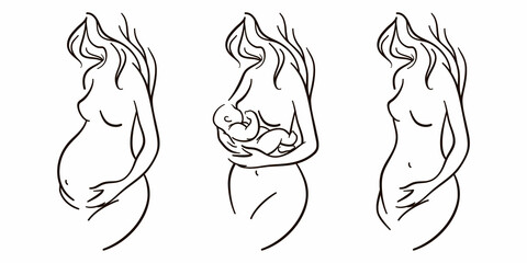 Maternity concept illustration. Pregnant women, woman with a newborn baby. Motherhood, maternity, hand drawn style illustrations.