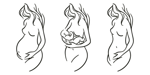Maternity concept illustration. Pregnant women, woman with a newborn baby. Motherhood, maternity, hand drawn style vector illustrations.