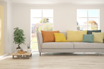 Stylish room in white color with sofa and autumn landscape in window. Scandinavian interior design. 3D illustration
