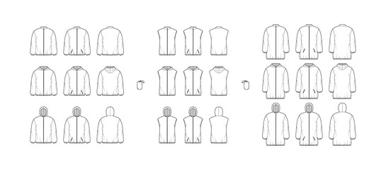 Set of Down coats vests puffer waistcoat technical fashion illustration with pouch, pockets, oversized, crop hip length. Flat template front, back, white color style. Women, men, unisex top CAD mockup © Vectoressa