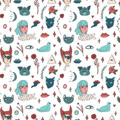 Naklejka na ściany i meble Seamless pattern with hand drawn witch, cat, birds. Cute design for Halloween decorations. Vector seamless pattern. Vector illustration