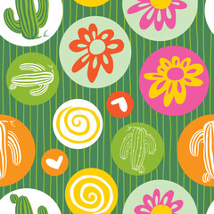 Vector green cute cactus and daisy flowers seamless repeat pattern with circles and stripes. Suitable for textile, gift wrap and wallpaper.