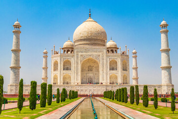 Taj Mahal panorama in Agra India with amazing symmetrical gardens.
