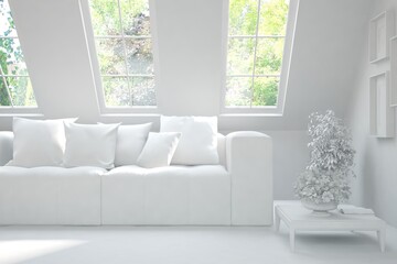 Fototapeta premium Mock up of stylish room in white color with sofa and green landscape in window. Scandinavian interior design. 3D illustration
