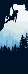 Vertical banner of man climbing rock overhang. Mountains and forest in background. Silhouette of climber with blue and white background. Illustration. Bookmark. Text insert.