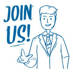 Join us says cartoon man outline illustration