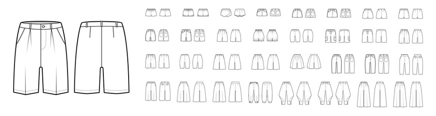 Set of Shorts suit denim Bermudas pants technical fashion illustration with mini knee length, normal low waist, high rise. Flat bottom template front, back, white color. Women, men, unisex CAD mockup - obrazy, fototapety, plakaty