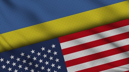 Ukraine and USA United States of America Flags Together, Wavy Fabric, Breaking News, Political Diplomacy Crisis Concept, 3D Illustration