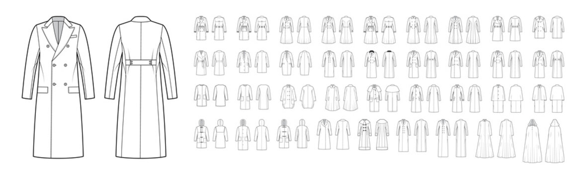 Set of coats, outerwear jackets technical fashion illustration with oversized, thick, hood collar, long sleeves, pockets. Flat coat template front, back white color. Women men unisex top CAD mockup
