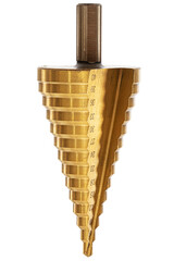 Conical step drill for drilling holes of different diameters, isolated on white background