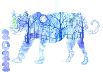 new Year's card 2022. watercolor illustration of a blue tiger with trees , the night sky with the moon and a fence. rural landscape on a tiger silhouette