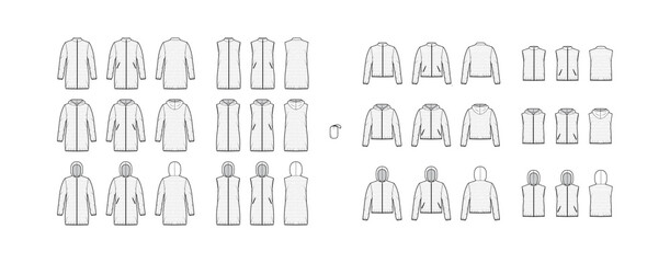 Set of Down vest puffer waistcoat technical fashion illustration with pouch, sleeveless, zip-up closure, loose fit, crop hip length. Flat template front, back, white color. Women, men top CAD mockup