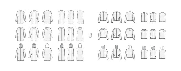 Set of Down vest puffer waistcoat technical fashion illustration with pouch, sleeveless, zip-up closure, loose fit, crop hip length. Flat template front, back, white color. Women, men top CAD mockup © Vectoressa