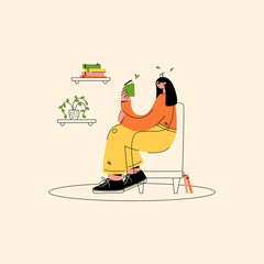 Fototapeta na wymiar Girl dressed in a sweater sits on an armchair and reads a book. Trendy flat line character. Stay at home concept, rest at home. Cartoon style vector illustration