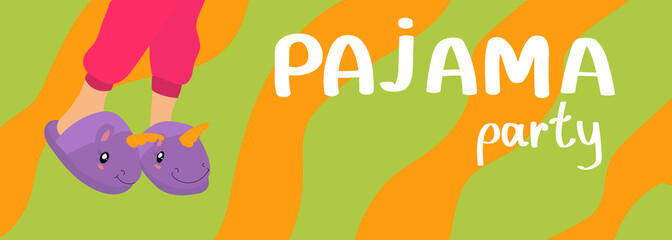  Feet in slippers unicorn. Pajama party. Vector illustration.