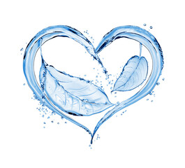 Heart with leaves made of water. Сonceptual image on white background