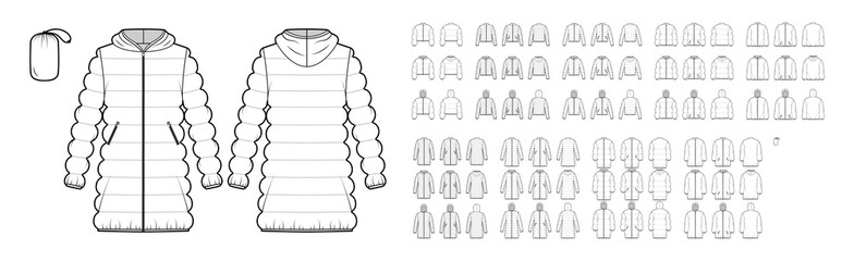 Set of Down coats jackets puffer technical fashion illustration with pouch, crop hip thigh length, classic narrow wide quilting. Flat template front, back, white, color. Women, men, unisex CAD mockup © Vectoressa