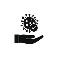 Virus with a checkmark on hand icon flat style isolated on white background. Vector illustration