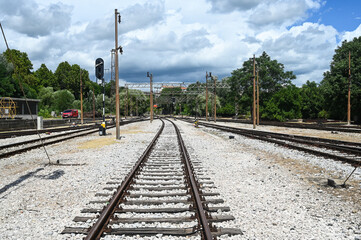 Railway tracks on railway station. Travel and transportation. Close up of Railroad tracks.