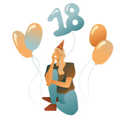A girl is sitting on the floor against the background of festive balloons, a large balloon eighteenth birthday concept, flat design. The character is a young woman in a festive hat on her head smiling