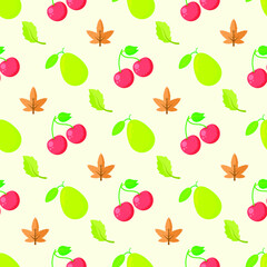 Seamless Pattern Abstract Elements Fruits Food Cherry And Pear With Leaves Vector Design Style Background Illustration Texture For Prints Textiles, Clothing, Gift Wrap, Wallpaper, Pastel
