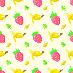 Seamless Pattern Abstract Elements Fruits Food Strawberry And Banana With Leaves Vector Design Style Background Illustration Texture For Prints Textiles, Clothing, Gift Wrap, Wallpaper, Pastel