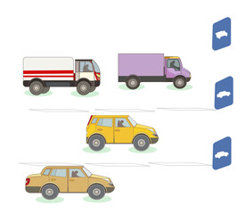 Traffic on lanes for Cargo trucks and Cars according to Signs in Cartoon style, vector vehicles on road lanes on white isolated background, concept of Traffic, Automobiles, Road Signs, Traffic lanes.