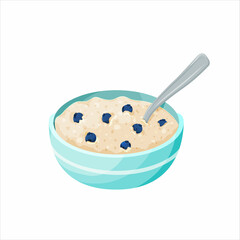 Oatmeal porridge with blueberries in bowl. Healthy breakfast, vegetarian food. Isolated on a white background.