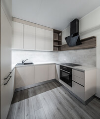Modern interior of new beige kitchen with oven. Wooden shelves.