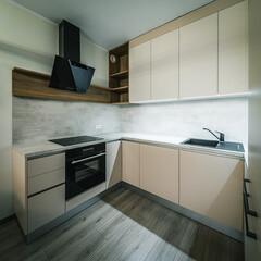 Modern interior of new beige kitchen with oven. Wooden shelves.