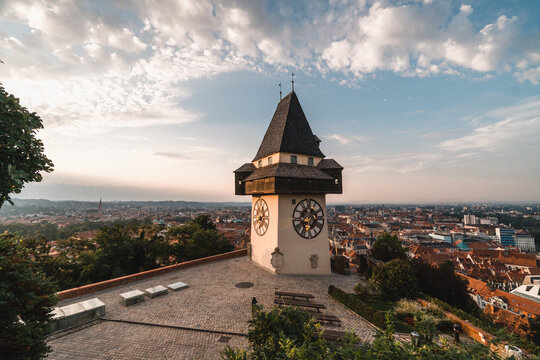 Schlossberg clock tower, a representative symbol of Graz city, Austria, famous uropean destination