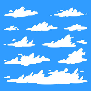 Vector set of white clouds. Cartoon flat style clouds isolated on blue sky. Cloudscape in blue sky, white cloud illustration.