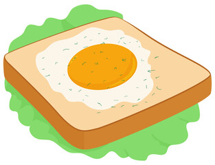 Breakfast toast with bread and fried egg. Vector food illustration on green salad.