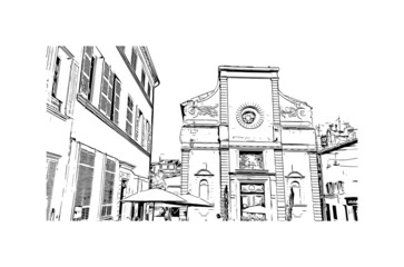Building view with landmark of La Ciotat is the 
commune in France. Hand drawn sketch illustration in vector.